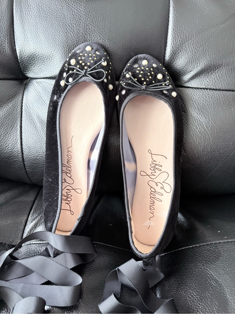 libby. edelman Black Velvet Studded Bow Ballet Flats